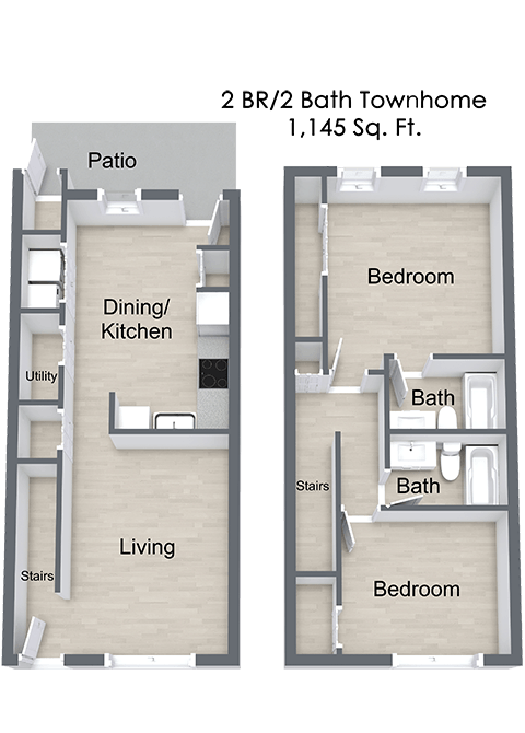 Floor plan for 2 beds, 2 baths, 1135 sqft